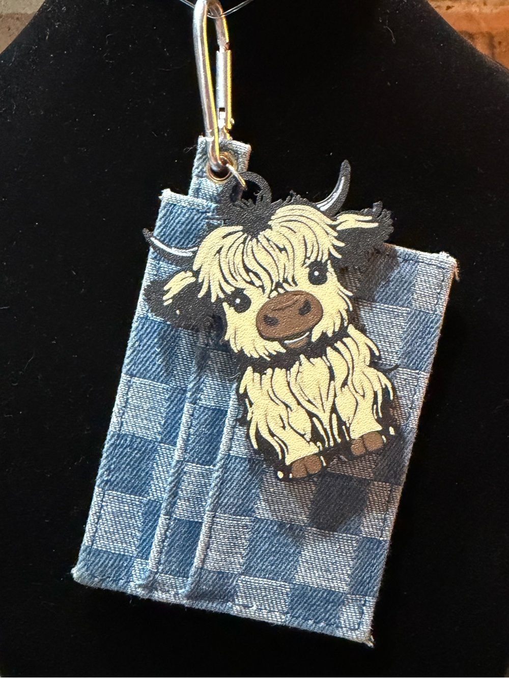 Denim checkered card holder with 3D printed highland cow charm.